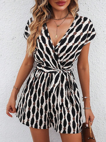 Allover Print Batwing Sleeve Belted Romper