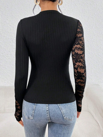 Contrast Lace Mock Neck Tee