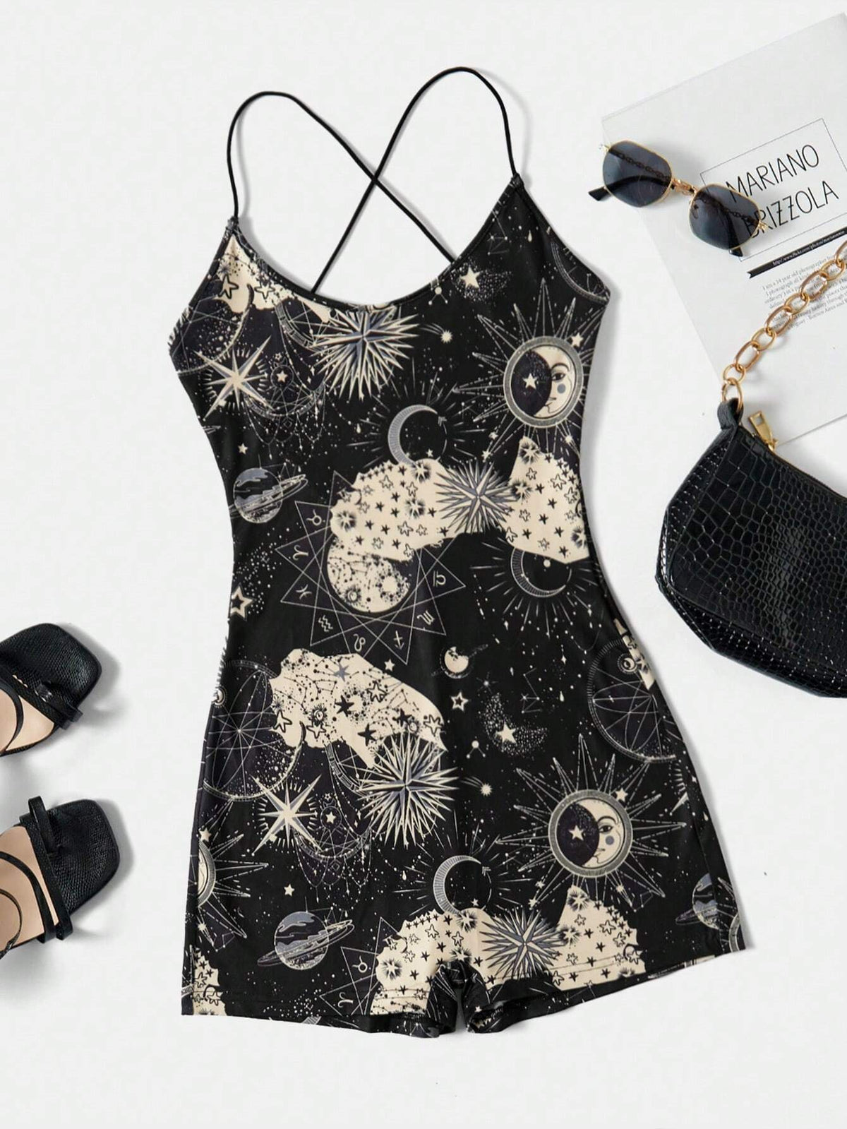 Galaxy Print Crisscross Backless Unitard Romper