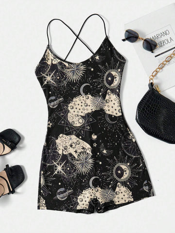 Galaxy Print Crisscross Backless Unitard Romper