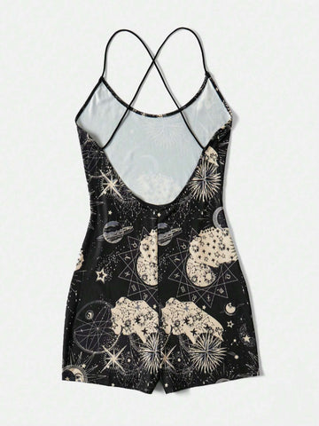 Galaxy Print Crisscross Backless Unitard Romper