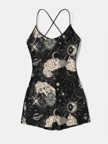 Galaxy Print Crisscross Backless Unitard Romper