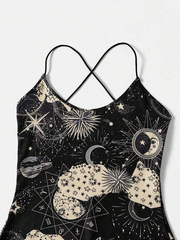 Galaxy Print Crisscross Backless Unitard Romper