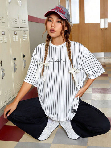 Striped & Letter Graphic Drop Shoulder Tee