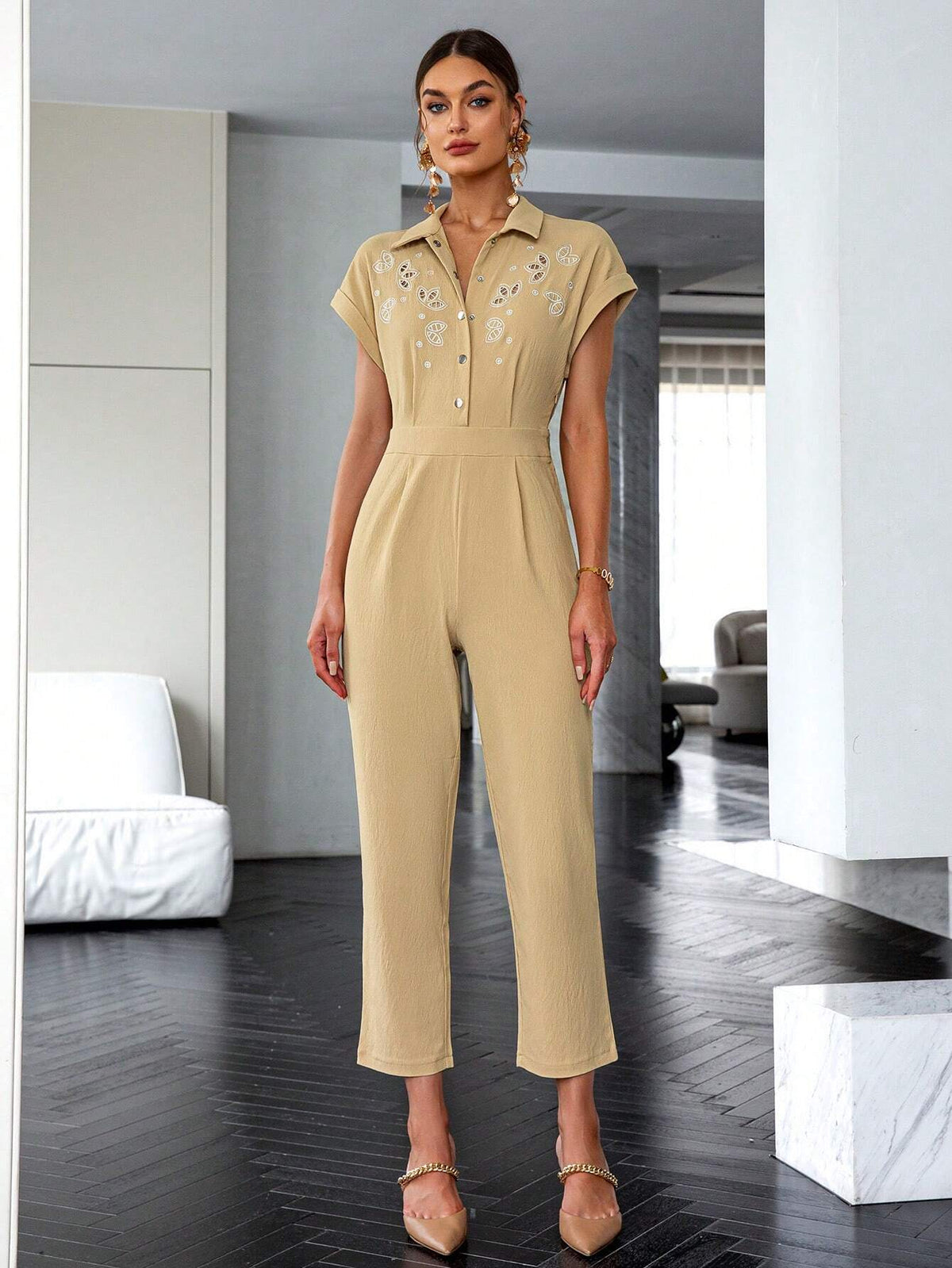 Sollinarry Floral Embroidery Batwing Sleeve Fold Pleated Detail Shirt Jumpsuit