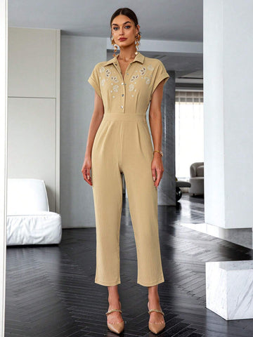 Sollinarry Floral Embroidery Batwing Sleeve Fold Pleated Detail Shirt Jumpsuit