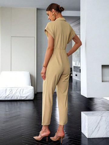 Sollinarry Floral Embroidery Batwing Sleeve Fold Pleated Detail Shirt Jumpsuit