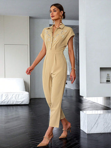 Sollinarry Floral Embroidery Batwing Sleeve Fold Pleated Detail Shirt Jumpsuit