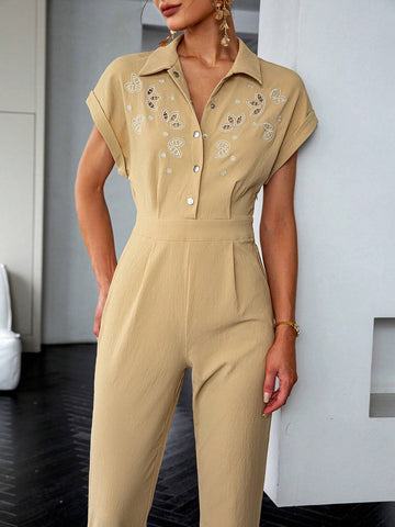 Sollinarry Floral Embroidery Batwing Sleeve Fold Pleated Detail Shirt Jumpsuit