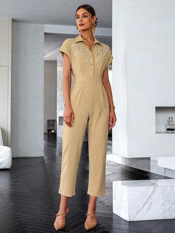 Sollinarry Floral Embroidery Batwing Sleeve Fold Pleated Detail Shirt Jumpsuit