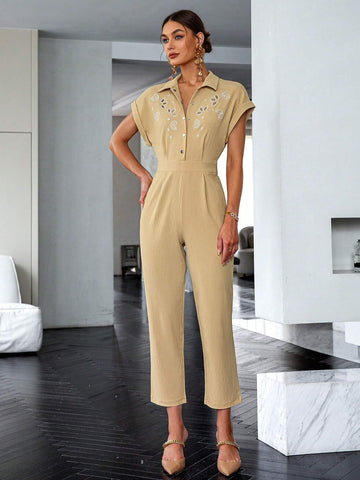 Sollinarry Floral Embroidery Batwing Sleeve Fold Pleated Detail Shirt Jumpsuit