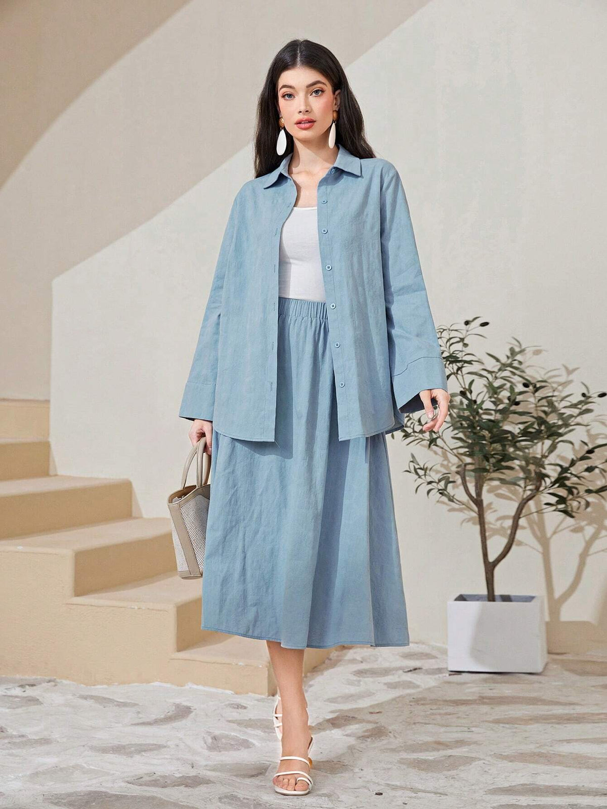 Cotton Solid Button Front Shirt & Skirt