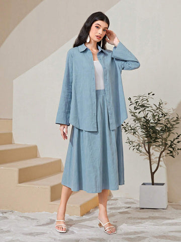 Cotton Solid Button Front Shirt & Skirt