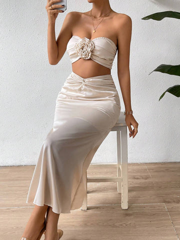 Solid Crisscross Backless Tube Top & Skirt