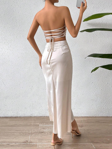 Solid Crisscross Backless Tube Top & Skirt