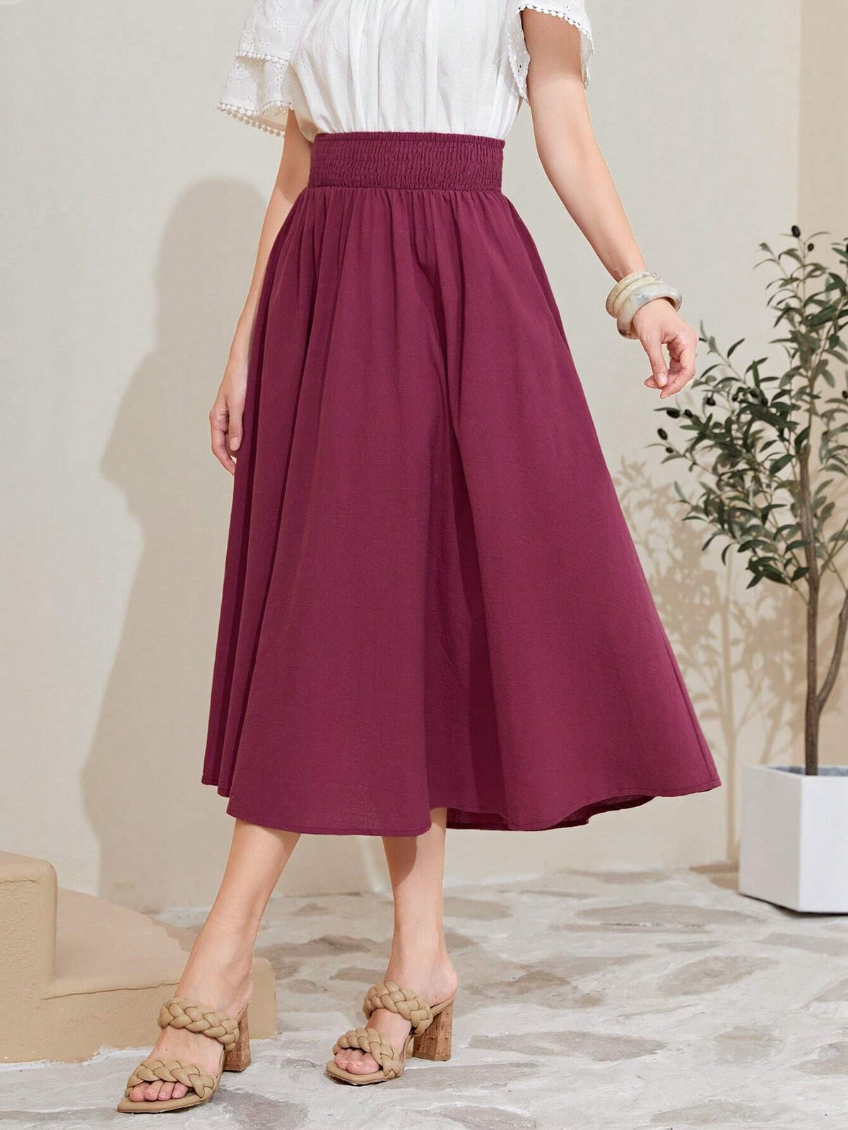 Mulvari 100% Cotton Solid High Waist Flare Skirt