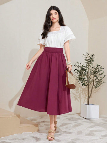 Mulvari 100% Cotton Solid High Waist Flare Skirt