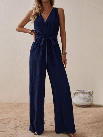 Solid Belted Wide Leg Jumpsuit