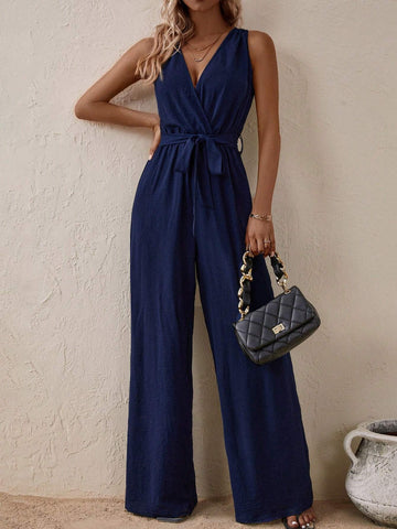 Solid Belted Wide Leg Jumpsuit