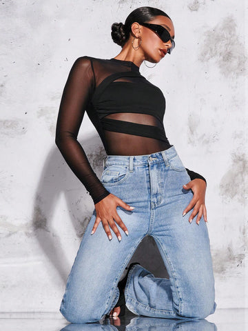 Mock Neck Mesh Panel Ruched Bodysuit Without Bra