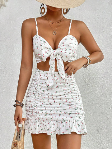 Ditsy Floral Print Knot Front Cami Top & Ruched Ruffle Hem Skirt