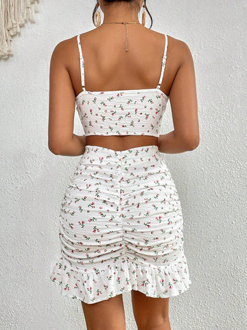 Ditsy Floral Print Knot Front Cami Top & Ruched Ruffle Hem Skirt