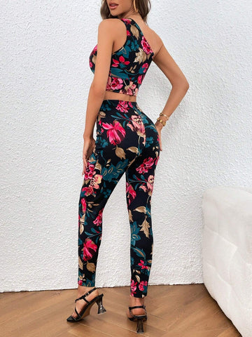 Floral Print One Shoulder Knot Hem Crop Top & Pants
