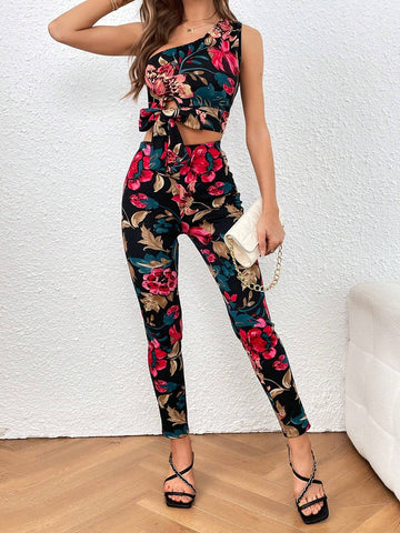 Floral Print One Shoulder Knot Hem Crop Top & Pants