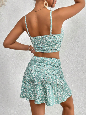Ditsy Floral Print Cami Top & Ruched Skirt