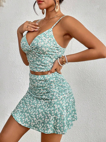 Ditsy Floral Print Cami Top & Ruched Skirt