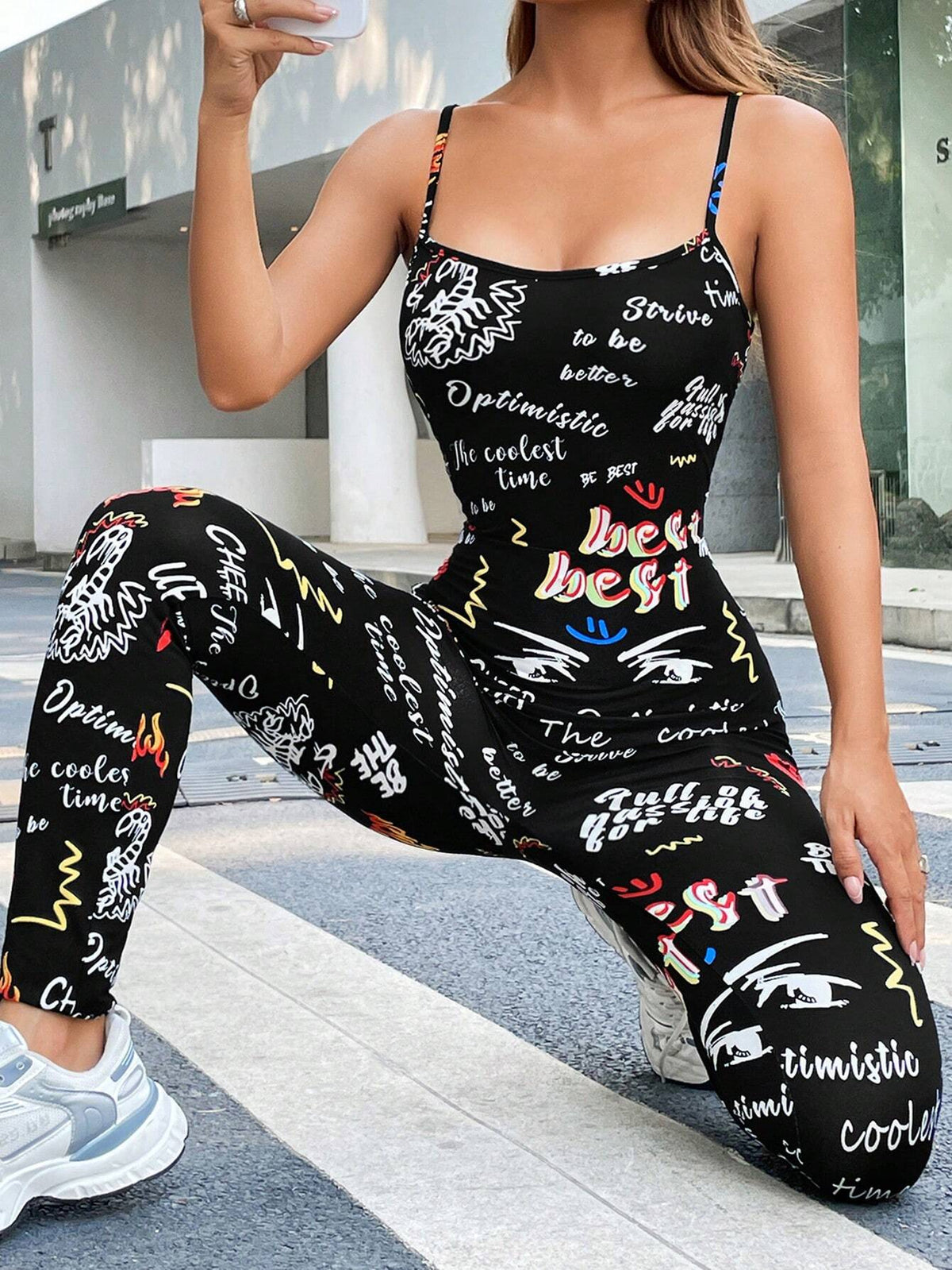 Letter Graphic Cami Unitard Jumpsuit