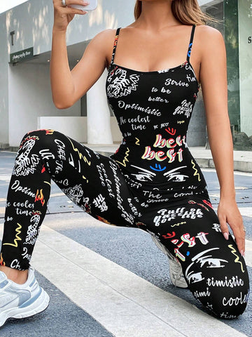 Letter Graphic Cami Unitard Jumpsuit