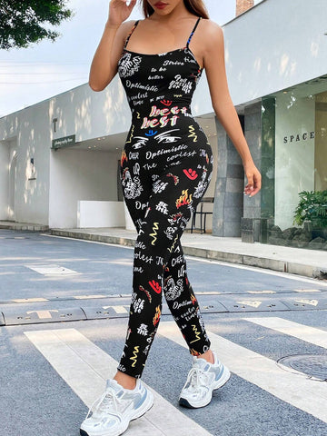 Letter Graphic Cami Unitard Jumpsuit