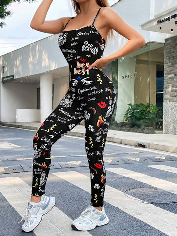 Letter Graphic Cami Unitard Jumpsuit