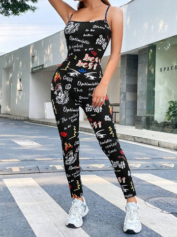 Letter Graphic Cami Unitard Jumpsuit