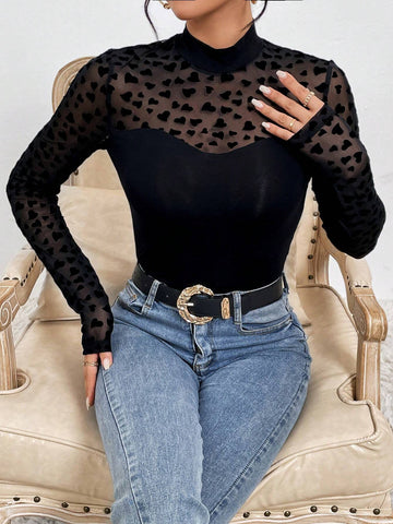 Contrast Heart Mesh Mock Neck Tee