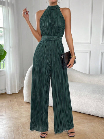 Solid Halter Neck Wide Leg Plisse Jumpsuit