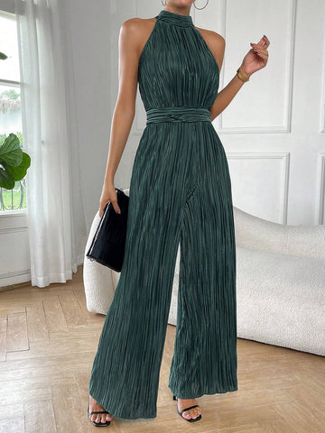 Solid Halter Neck Wide Leg Plisse Jumpsuit