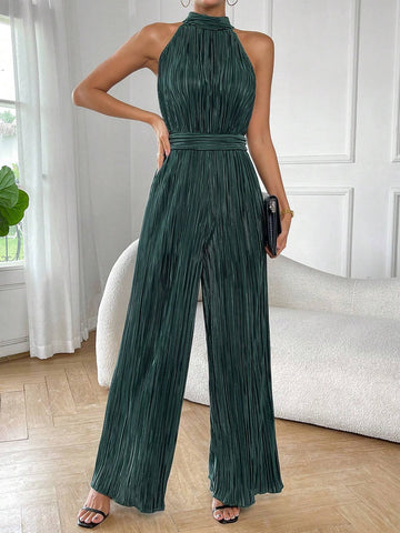Solid Halter Neck Wide Leg Plisse Jumpsuit