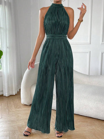 Solid Halter Neck Wide Leg Plisse Jumpsuit