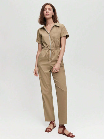 Zip Up Drawstring Waist Shirt Jumpsuit Workwear