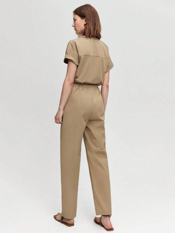 Zip Up Drawstring Waist Shirt Jumpsuit Workwear