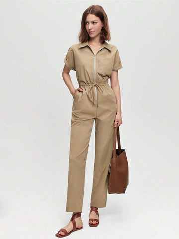 Zip Up Drawstring Waist Shirt Jumpsuit Workwear