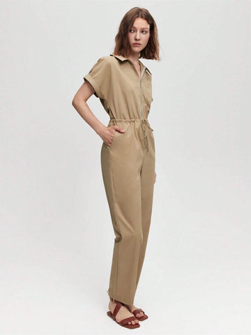Zip Up Drawstring Waist Shirt Jumpsuit Workwear