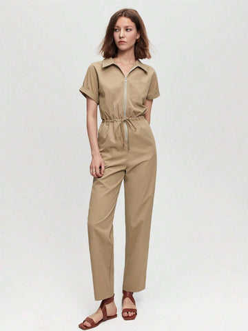 Zip Up Drawstring Waist Shirt Jumpsuit Workwear