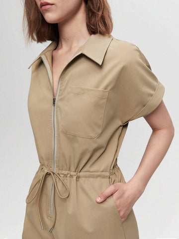 Zip Up Drawstring Waist Shirt Jumpsuit Workwear