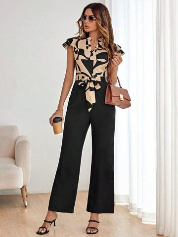 Geo Print Butterfly Sleeve Belted Jumpsuit