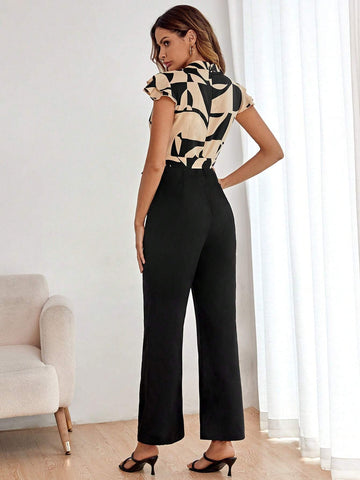 Geo Print Butterfly Sleeve Belted Jumpsuit