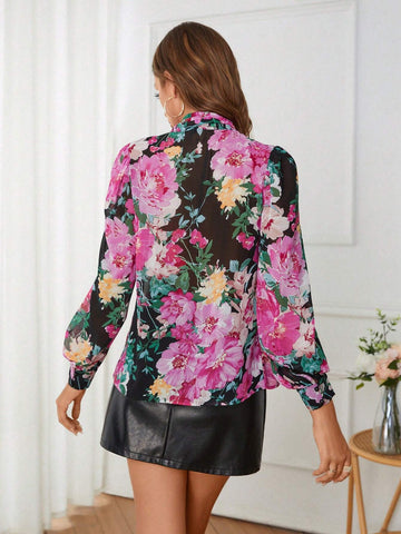 Floral Print Tie Neck Lantern Sleeve Chiffon Blouse