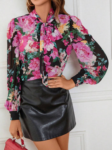Floral Print Tie Neck Lantern Sleeve Chiffon Blouse